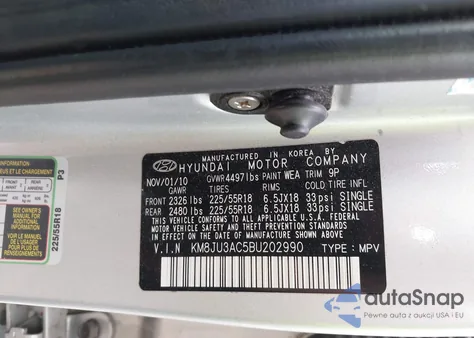 2011 Hyundai Tucson Limited из США, поврежденный, VIN KM8JU3AC5BU202990